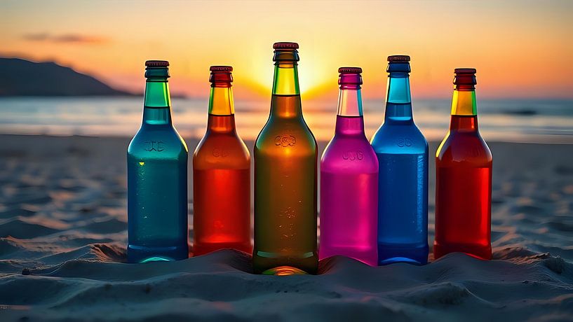 Des bouteilles dans un rayon de lumière dorée par Jean Pierre