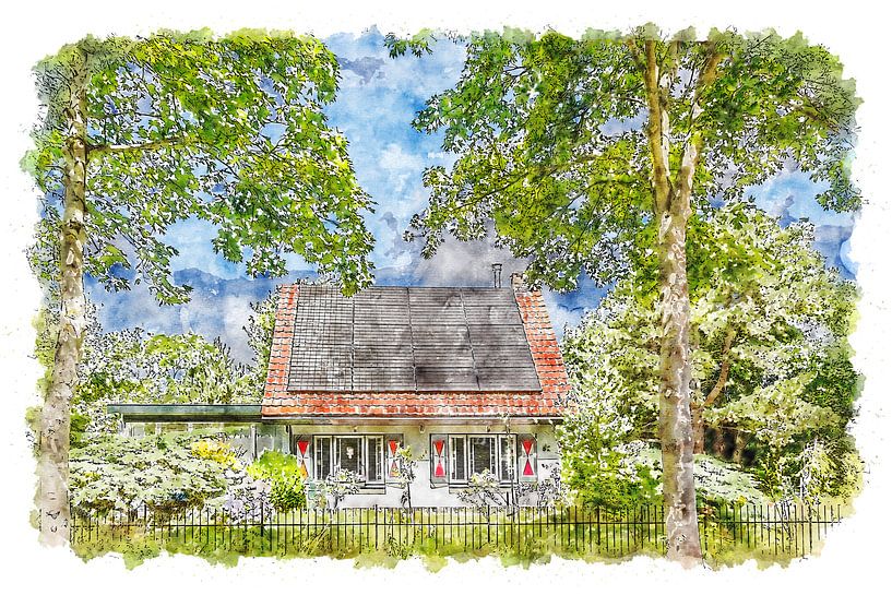Haus mit Fensterläden in Burgh-Haamstede (Aquarell) von Art by Jeronimo