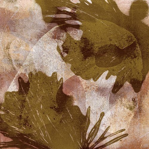 Moderne abstracte kunst. Vormen in donker goud op licht terra.