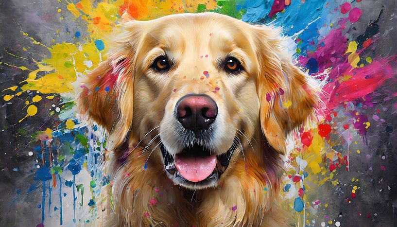 Peinture d'un visage de chien Golden Retriever avec des éclaboussures de peinture colorée par Animaflora PicsStock