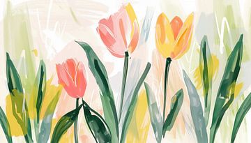 Tulpen roze-geel panorama hand getekend van TheXclusive Art