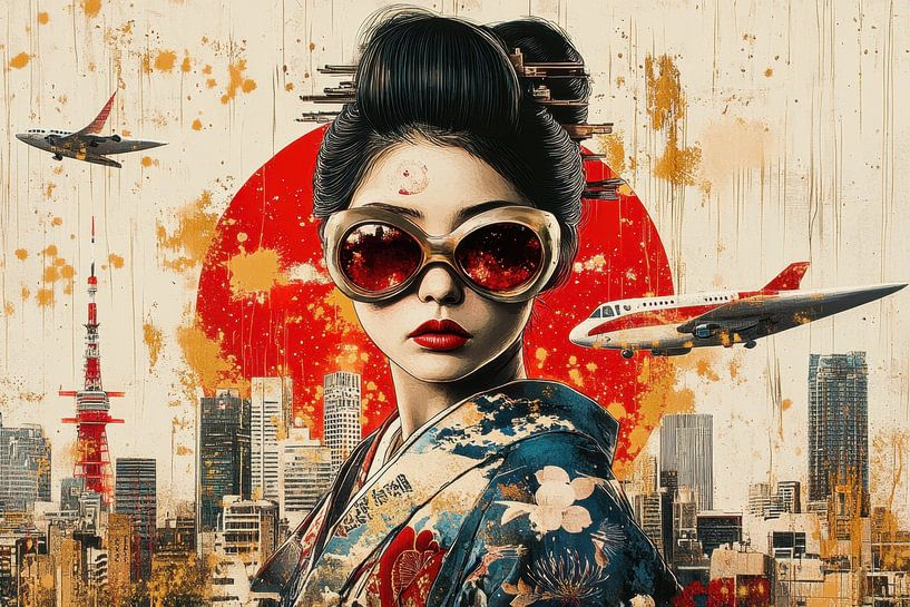 Geisha met skyline -  Stoere urban street art van BowiScapes abstract en digitale kunst