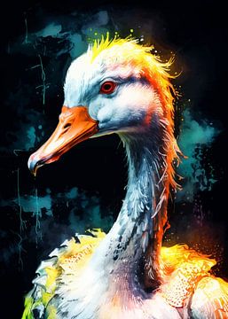 Witte gans neon aquarelschilderij – Moderne dierenwanddecoratie