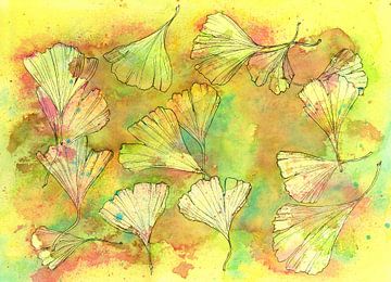 Ginkgo Leaves Ink with Watercolour by Karen Kaspar