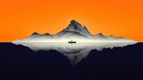 Roeiers op een rustig meer in de ondergaande zon