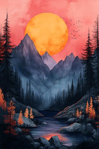 Feuersonnenuntergang im Bergtal