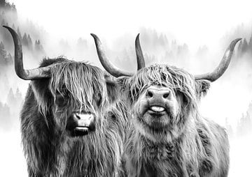 Zwei schottische Hochlandbewohner, schwarz und weiß