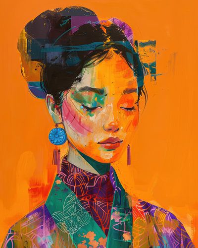 Colourful Geisha Portrait with Orange Background and Abstract Details