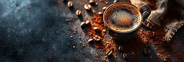 Coffee panorama on stone table surrounded by coffee beans by Digitale Schilderijen