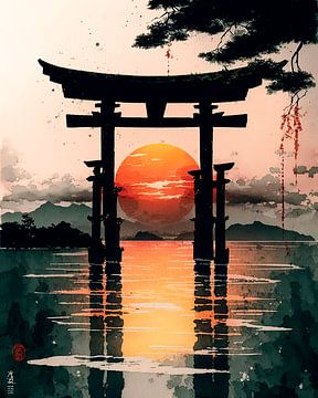 Torii in the water with rising sun in the background by Peet de Rouw