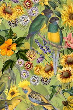 Vintage Parrots in tropical colorful flower jungle by Floral Abstractions