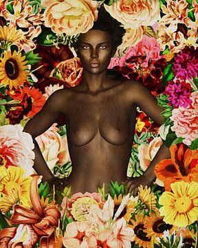 Vrouw van de wereld - Naakt Afrikaanse vrouw omringd met bloemen van Jan Keteleer
