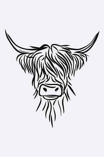 Zwart-witte minimalistische hoogland koe illustratie