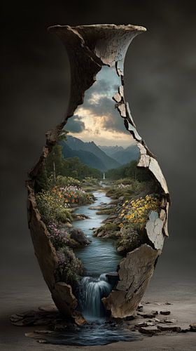 Bergen en rivier in stenen vaas