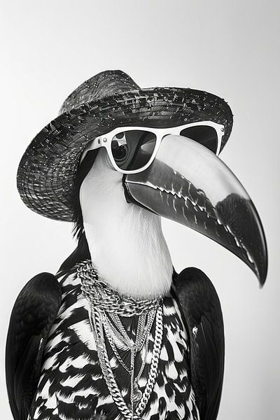 Toucan avec chapeau et lunettes de soleil en noir et blanc par Poster Art Shop