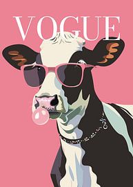 Cow stylish wearing sunglasses blowing pink bubble gum vogue poster by Cross