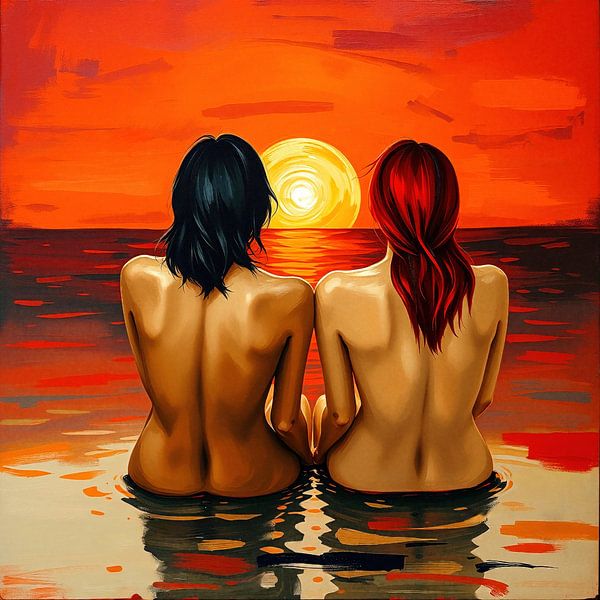 Zwei Frauen im Sonnenuntergang – Zärtliche Verbundenheit der Liebe im Abendlicht von AidasignArt