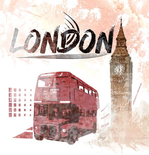 Digital-Art LONDON COMPOSING Big Ben & Red Bus von Melanie Viola