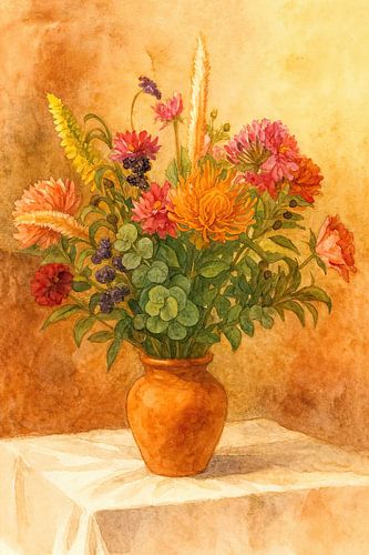 Herfstboeket in terracotta vaas (AI) (aquarel, schilderij, bos bloemen, tafel, huiselijk, vrolijk, warm, aardetinten, sierlijk))