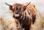 Schilderij van Schotse hooglander uitgevoerd in horizontaal aquarel met aardekleuren bruin caramel van MadameRuiz thumbnail