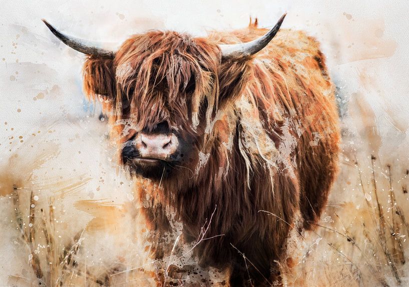 Schilderij van Schotse hooglander uitgevoerd in horizontaal aquarel met aardekleuren bruin caramel van MadameRuiz