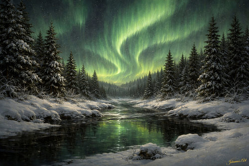 Brushstrokes of the Wilderness - Northern Lights over Frozen Winter Woods