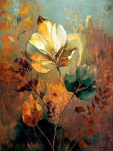 Abstrakte botanische Mixed-Media-Kunst in warmen Herbsttönen