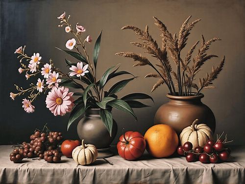 Stilleven met bloemen en pompoenen