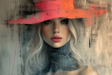 Modern portret van een blonde vrouw met een neon roze hoed van Carla Van Iersel