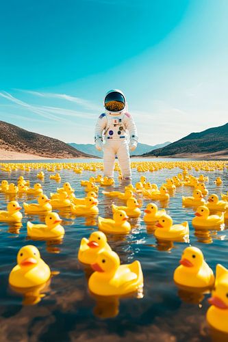 Astronaut tussen piepende eenden in het water