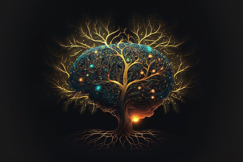 Golden Brain with Light Blue Lights by Surreal Media