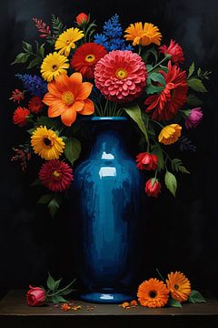 Bouquet dans un vase bleu sur fond noir sur De Muurdecoratie