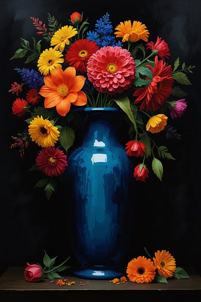Boeket in Blauwe Vaas op Zwarte Achtergrond van Art & Soul Creations