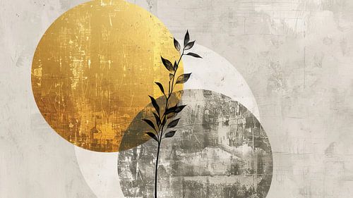 Abstract illustration of two suns, with a gold and silver colour palette