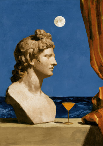 An Evening of Antiquity: A Greek bust with a cocktail by the sea under a full moon