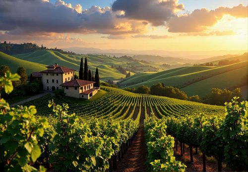 Toscaanse villa en wijngaard bij zonsondergang