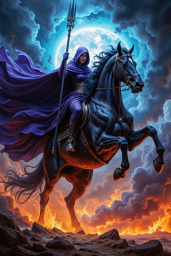Dark Fantasy Gothic Wall Art: MORVESSA – The Demon Huntress on Her Black Horse
