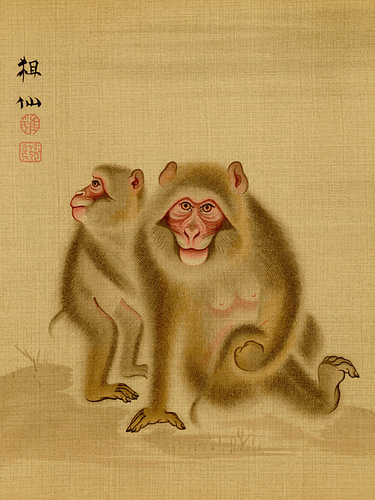 G.A. Audsley – Baby-Affe und Mutter | Japanische Tierkunst aus der Zeit um 1884 (1884)