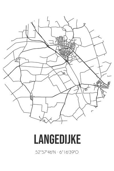 Langedijke (Fryslan) | Map | Black and white by Prints of Place
