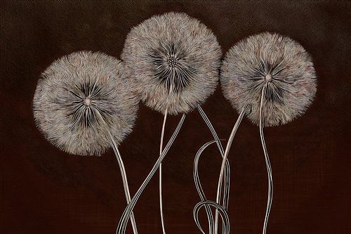 Kunst in Mischtechnik: Drei Löwenzahnblüten