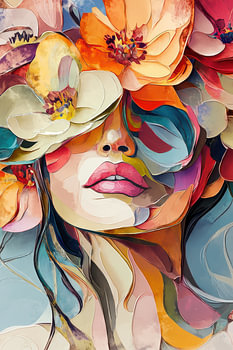 Kleurrijk modern bloemenportret van een vrouw