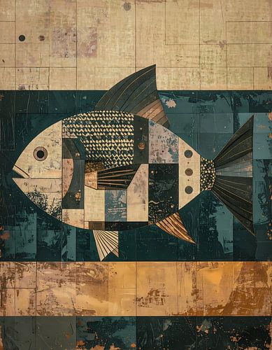 Vintage poster abstracte vis in diepblauw goud en beige