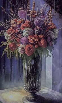 Stilleben mit Blumen lila und rot von Niek Traas