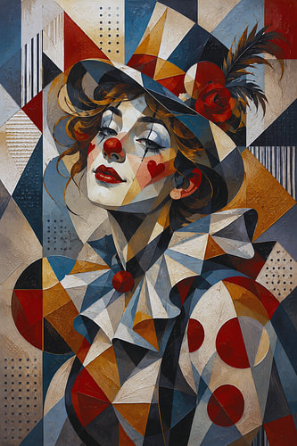 Female Clown a cubist painting.