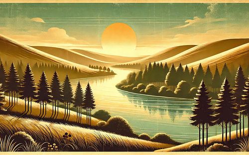 Vintage rivier ochtendlicht poster