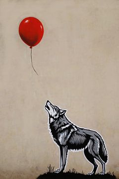 Le loup qui regarde et le ballon rouge volant sur De Muurdecoratie
