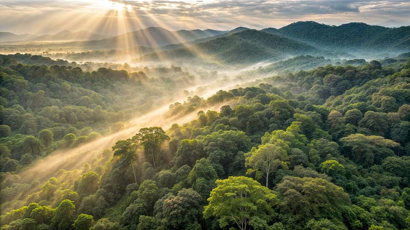 Magisches Licht über der Waldlandschaft von Klaus Tesching - Art-AI