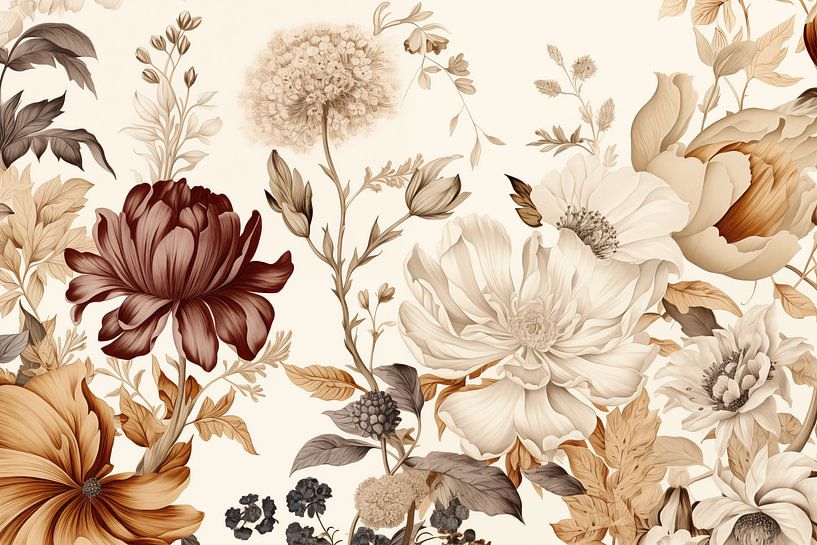 Japandi, Hotel Chic Flower motif, Taupe and Beige by Caroline Guerain