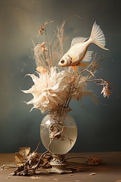 Stilleven vis met bloemen van Digitale Schilderijen