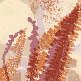 Fern leaves in purple and terracotta on beige and yellow. Modern botanical art. by Dina Dankers